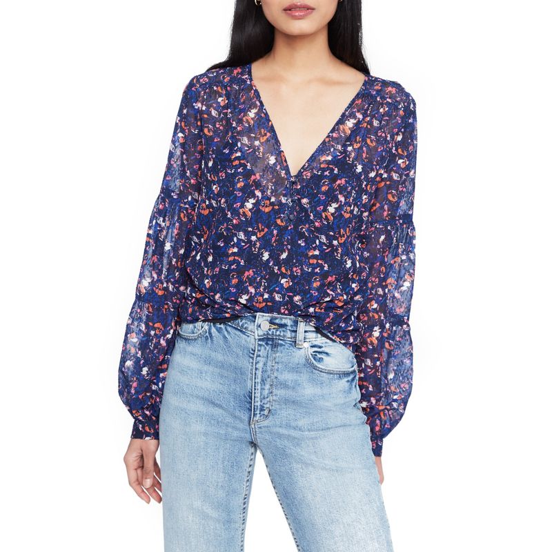 Parker Womens Navy Sheer Printed Long Sleeve V Neck Top M